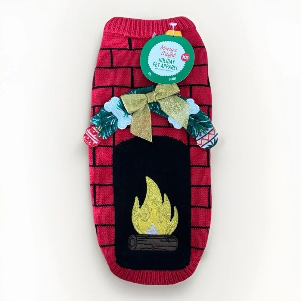 Merry &‎ Bright Holiday Dog “Ugly Sweater” Fireplace Xmas Pet Apparel XS NWT